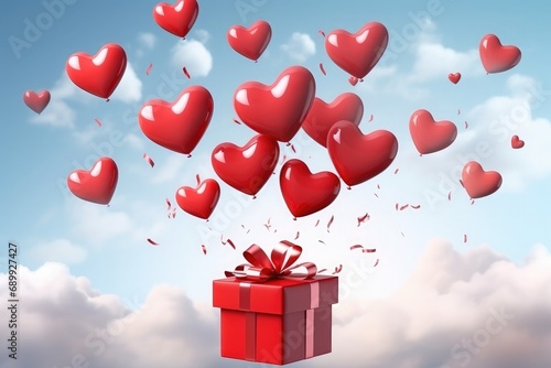red heart shaped balloons with a present box with a bow on blue sky with white clouds background