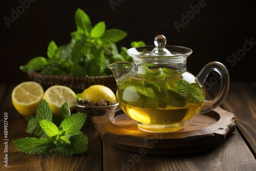 a pot of mint tea with fresh mint and lemons on wooden table