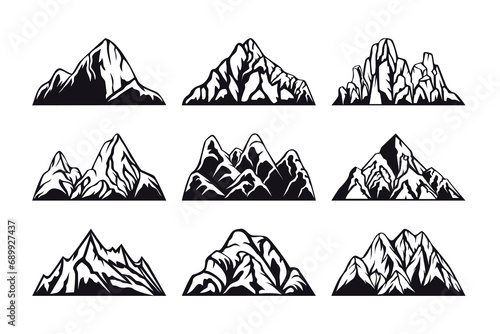 Set of mountain silhouette collection, peak rocky mountain for logo or icon, adventure journey sketch logo mountain, hiking travelling background. vector illustration