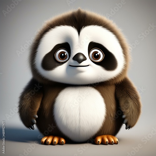furry character, part sloth, part panda and part penguin, big eyes, cute, mascot