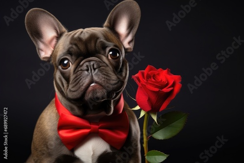 a portrait of a cute dog with a red rose