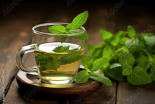 a cup of mint tea with fresh mint on wooden table
