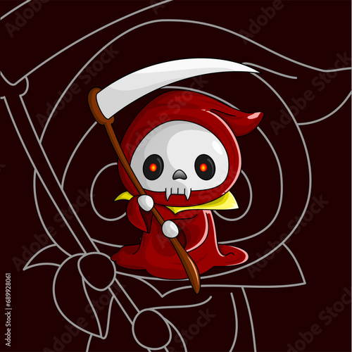 Cute cartoon grim reaper. Kawaii Halloween skeleton character icon. Vector illustration.