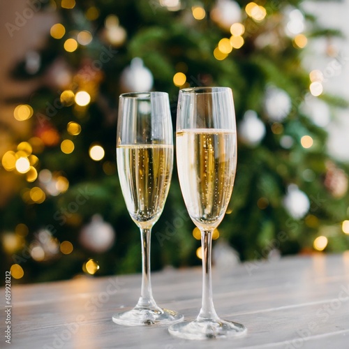 Two glasses of champagne new year eve celebration christmas toast cheering winter season holidays