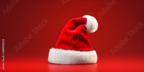 Santa Claus red hat close up on red background. Merry Christmas concept.