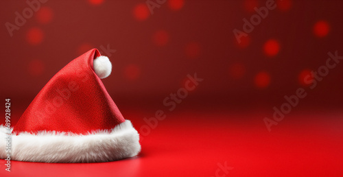 Santa Claus red hat close up on red background. Merry Christmas concept.