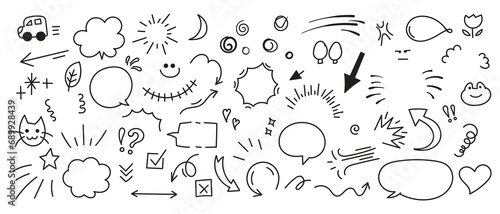 Set of cute pen line doodle element vector. Hand drawn doodle style collection of heart, arrows, scribble, speech bubble, star, frog, cat, words. 