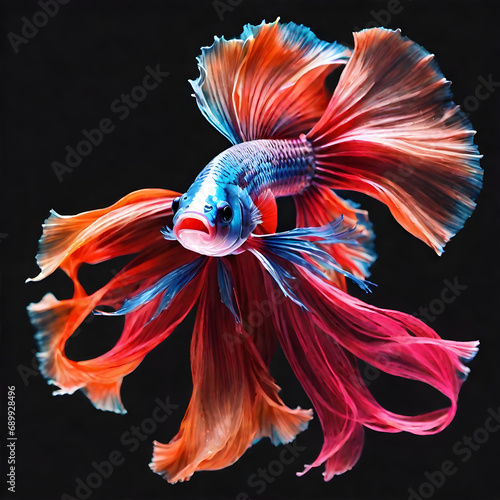 colorful fighting siamese fish with beautiful silk tail isolated on black