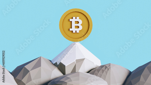 Low Poly Bitcoin Coin As All-Time High On The Summit Top Of The Low Poly Mountain photo