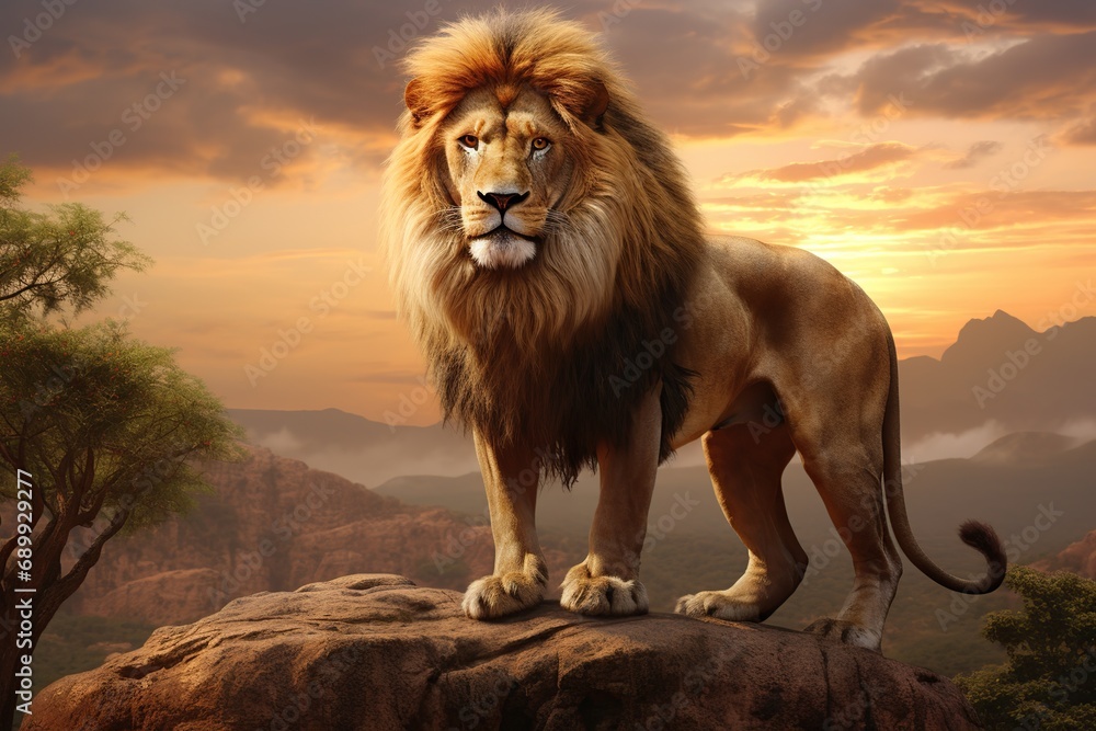 Obraz premium Single lion standing proudly on a small hill. Lion of Judah, exuding strength and power. big male lion. Image about animal.
