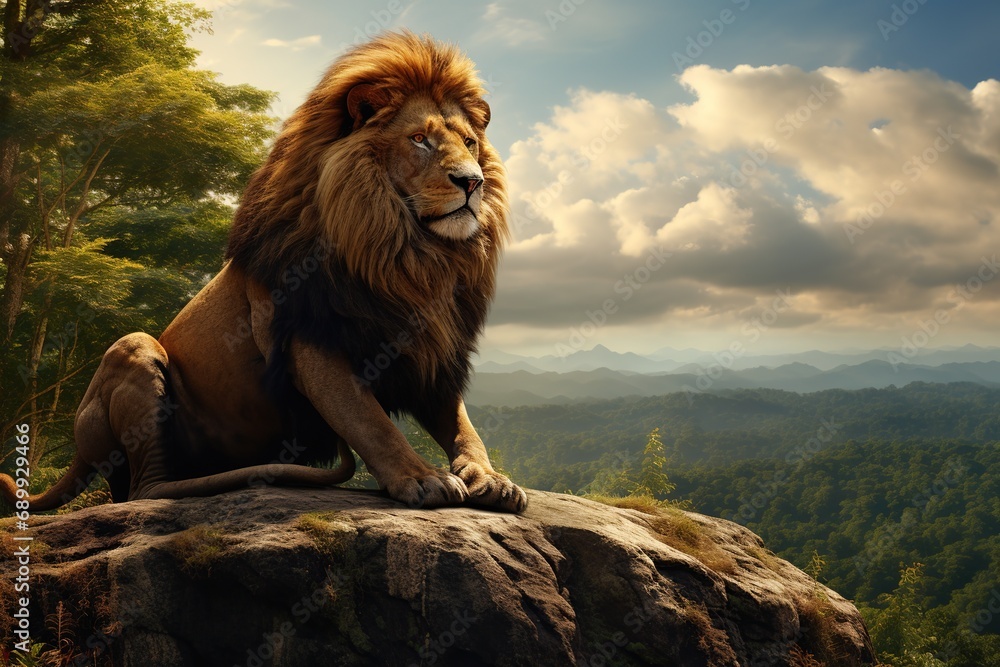 Single lion standing proudly on a small hill. Lion of Judah, exuding strength and power. big male lion. Image about animal. - obrazy, fototapety, plakaty 