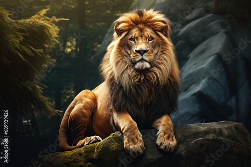 Single lion standing proudly on a small hill. Lion of Judah  exuding strength and power. big male lion. Image about animal.