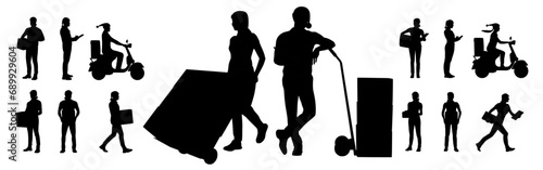 Set of delivery male and female workers in Santa hat holding boxes with a clipboard. Warehouseman wearing Christmas hats with cargo carts. Vector illustration isolated on white