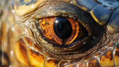 Closeup of a sea turtles eyes, the gentle glow of sunlight reflecting off their iridescent surface, revealing a deep connection to the natural world. photo