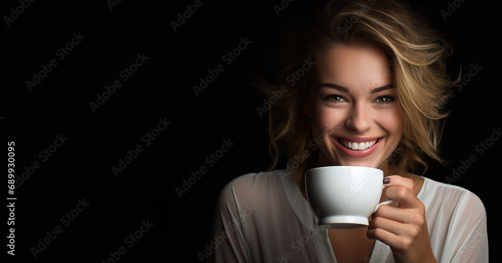 Portrait of happy young woman with cup of coffee on black background Portrait of happy young woman with cup of coffee on black background