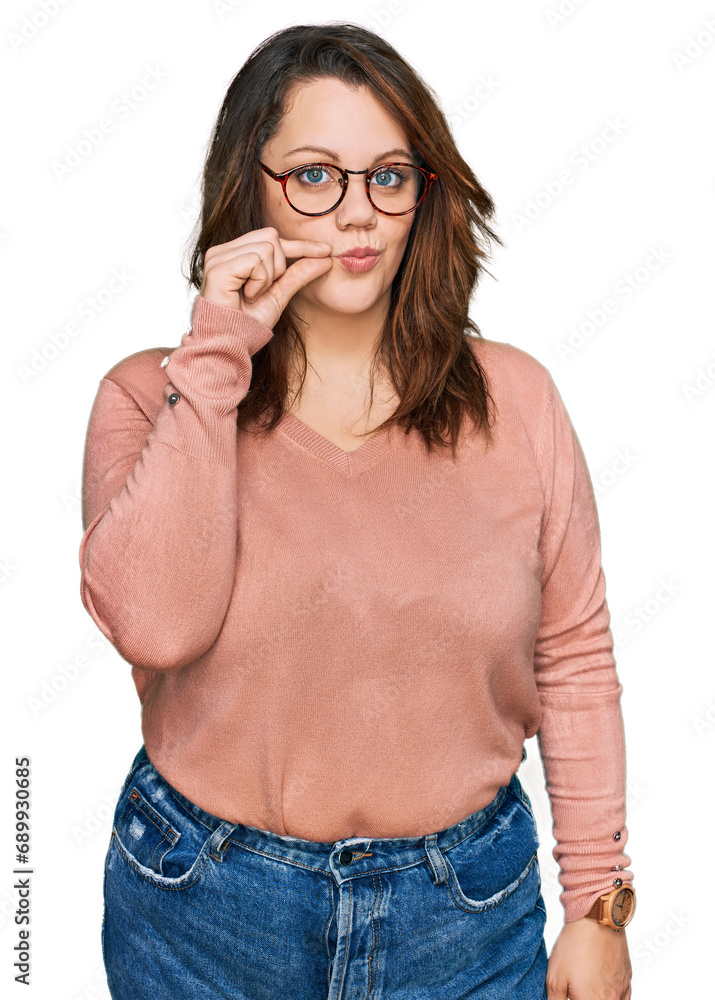 Young plus size woman wearing casual clothes and glasses mouth and lips shut as zip with fingers. secret and silent, taboo talking Young plus size woman wearing casual clothes and glasses mouth and lips shut as zip with fingers. secret and silent, taboo talking