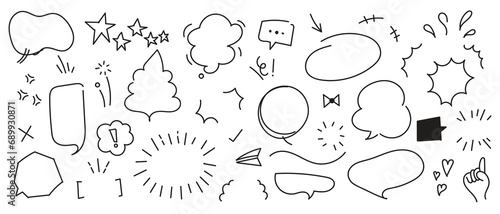 Set of cute pen line doodle element vector. Hand drawn doodle style collection of heart, arrows, scribble, speech bubble, star. 