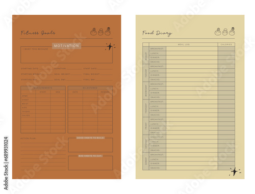 Fitness goals and Food Dairy planner. (Fashion) Vector illustration.