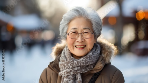 Happy elderly asian lady in winter with copy space