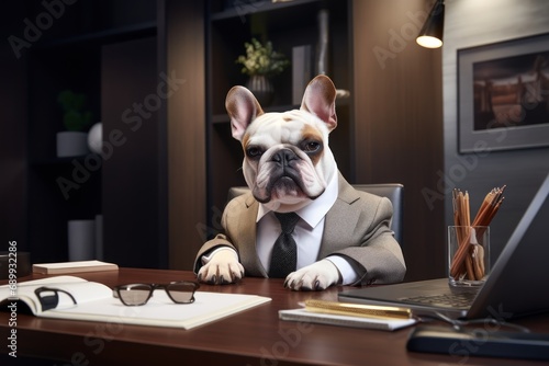 French bulldog like a boss sitting behind a desk in style of Anthropomorphic animals. Generative AI. photo