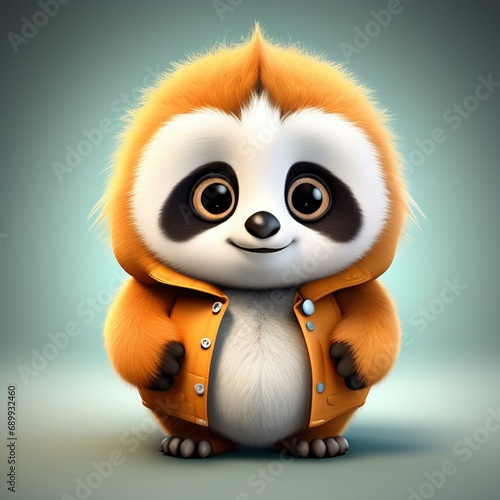 furry character  part sloth  part panda and part penguin  big eyes  cute  mascot