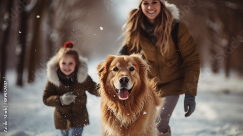 Happy family walking their pet golden retriever in the winter forest outdoors. Active Christmas holidays.