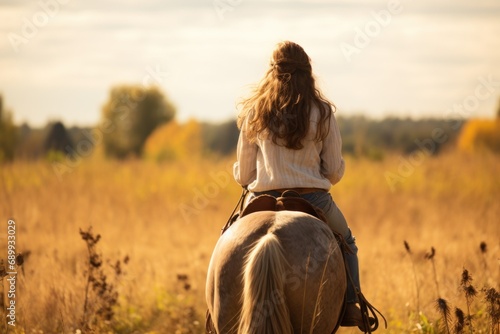 Young girl goes sorrel horse riding in field, back view photo