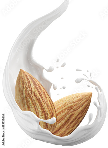 Canvastavla Almond nut falling into almond milk splash, 3d illustration.