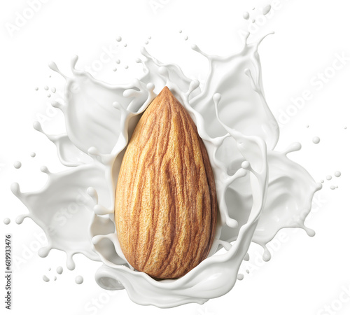 Photos Almond nut falling into almond milk splash, 3d illustration.