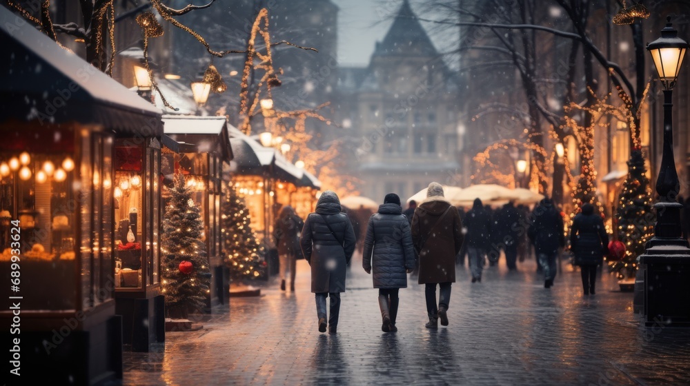 streets decorated for christmas in european city in December, shoppers, movement blur, christmas concept