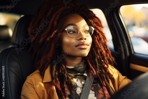 Portrait of positive african american lady inside the car © Tisha