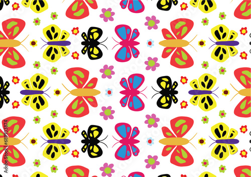 A seamless pattern of colorful butterflies and flowers on a white background photo
