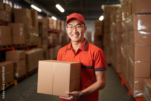 Young asian man courier carrying package