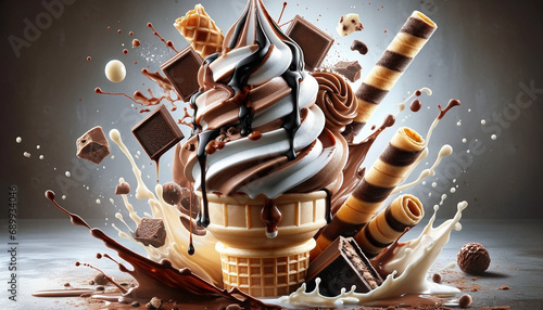 A swirl of vanilla and chocolate soft serve ice cream in a crispy waffle cone with chunks of chocolate and wafer rolls floating amidst splashes of milk and chocolate - Generative AI photo