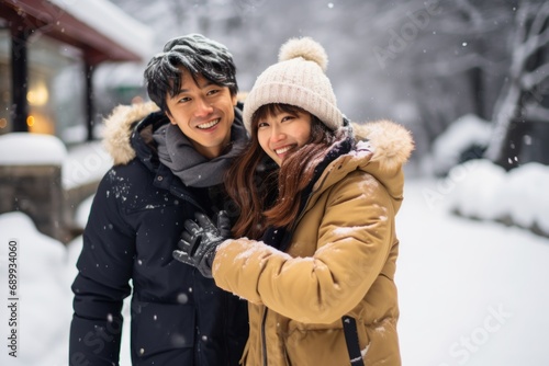 Happy Asian couple have fun playing snow ball during travel small town and forest mountain together in snowy day. Man and woman enjoy outdoor lifestyle travel in in winter holiday vacation.