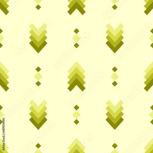 In this seamless pattern, green geometric shapes are stacked with gradients, beautifully interspersed against on light green background. Make it looks beautiful, outstanding, modern and unique.
