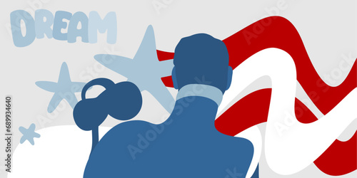 A vector back view silhouette illustration set on stars and stripes with the word Dream on the background photo
