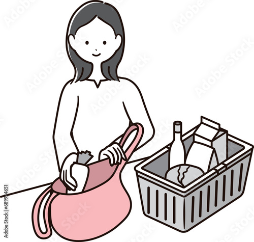 エコバッグに商品を詰める女性のイラスト素材