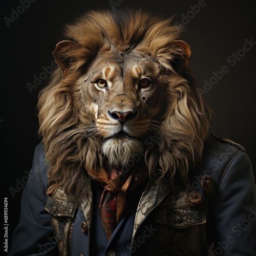 Animal in Man Suit Realistic Image of panthera Lion Looking at Camera in Night View Generative AI