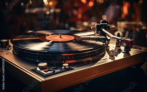 Close up of turntable playing vinyl record.