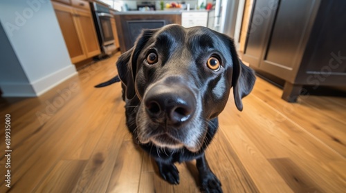 A dog sits on the kitchen floor looking at you pleadingly. Fish-eye lens. High-angle camera. photo