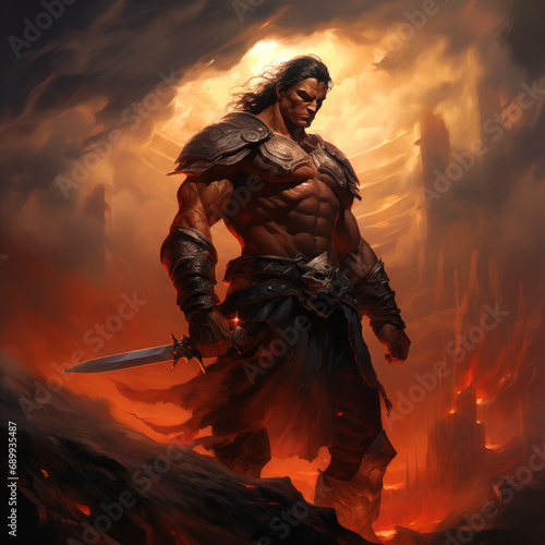 
A warrior in a fantasy setting, standing on a battlefield. The style is reminiscent of Boris Vallejos work, with the warriors muscular physique and the epic scale of the scene. The lighting is dramat photo
