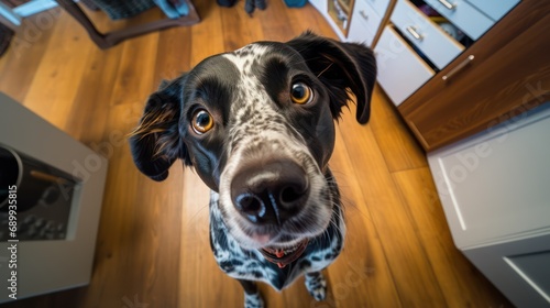 A dog sits on the kitchen floor looking at you pleadingly. Fish-eye lens. High-angle camera. photo