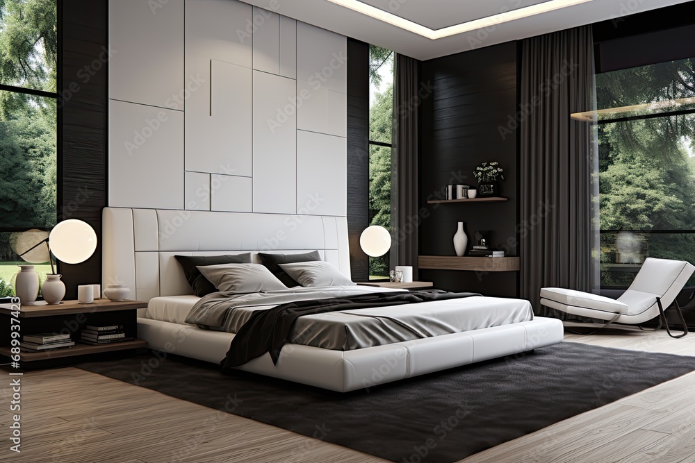 Fototapeta premium A bedroom with high ceilings and modern design.