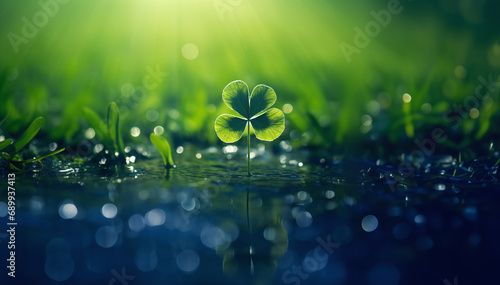 Four leaf clover in water with bokeh and sun rays