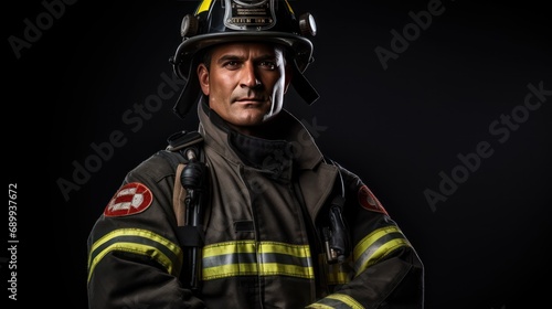 A Professional firefighter with arms folded looking at camera, side view, half body shot, black isolated background,