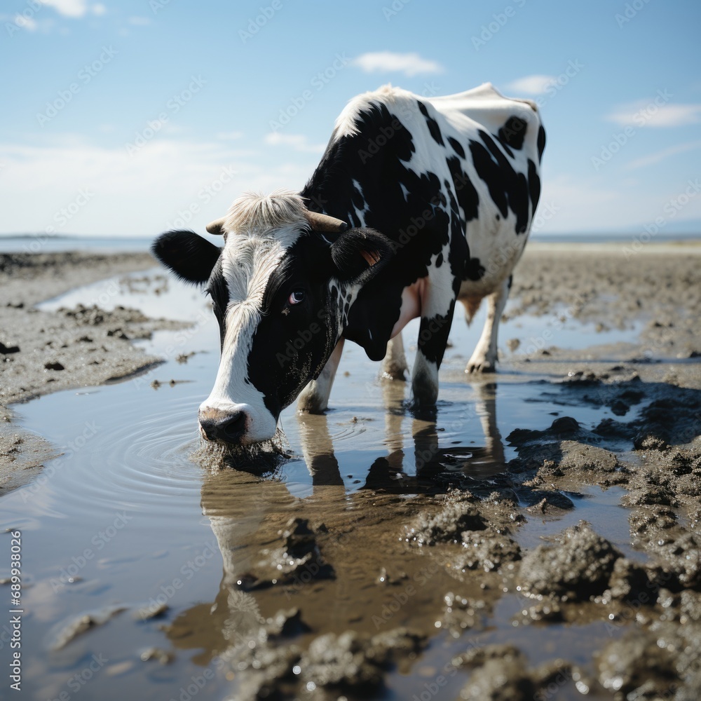 bull-and-cow-realistic-photo-drinking-water-in-beach-black-and-white