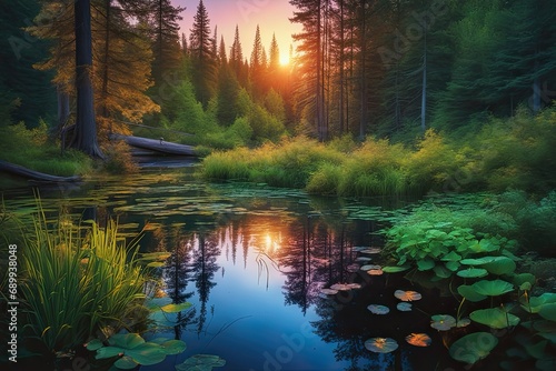 a dream at sunrise pond in a dense