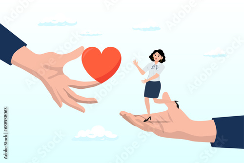 Supporting hand carry misfortune depressed woman and giving heart shape, empathy or sympathy understanding and share feeling with others, support or help community, kindness and compassion (Vector)