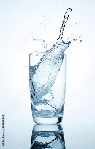 Drinking water pours out of a glass. Clean transparent drinking water. Bubbles, drops and splashes. Water advertising. Health, diet, sports, energy, thirst. White and light yellow background.